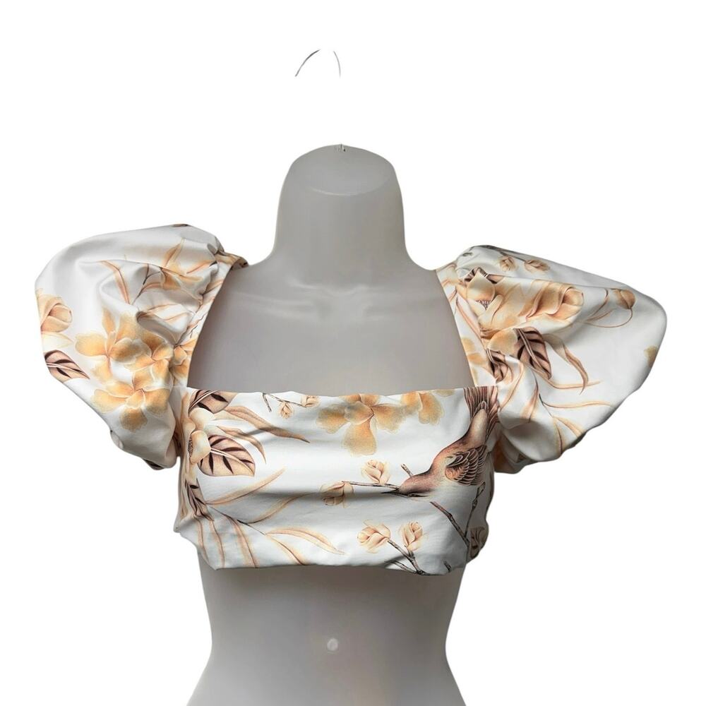 Agua Bendita Size Medium White Puff Sleeve Crop Top Blush Floral Bird Print